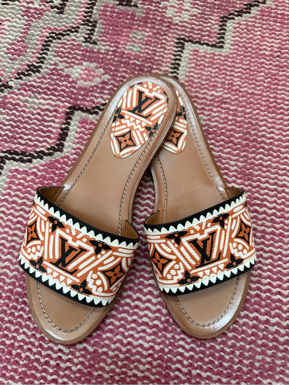 Louis Vuitton Orange, Black & White Embroidered Slide Sandals